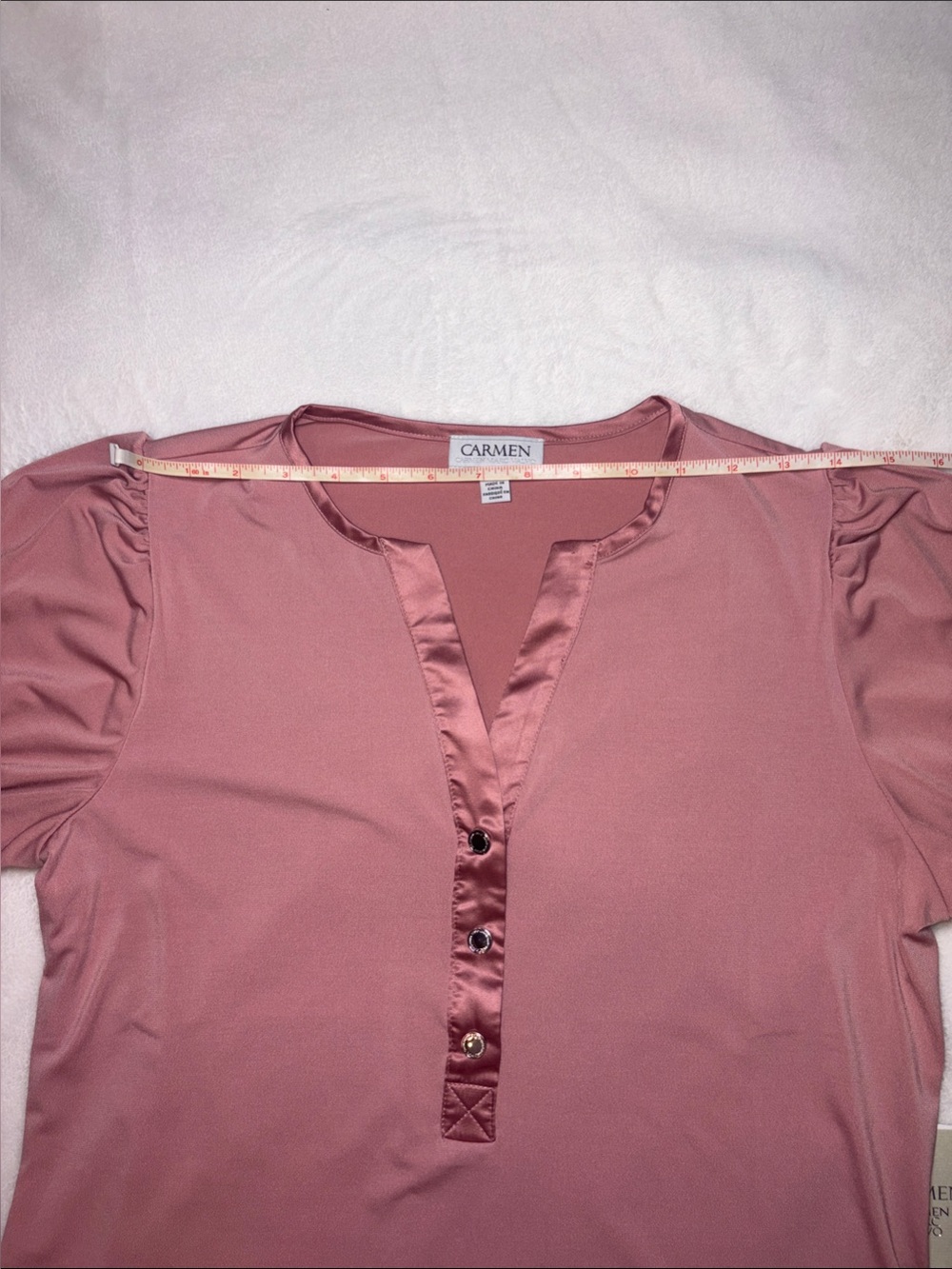 Carmen Marc Valvo Rose Satin-Trim Short Sleeve Blouse - Picture 4 of 6